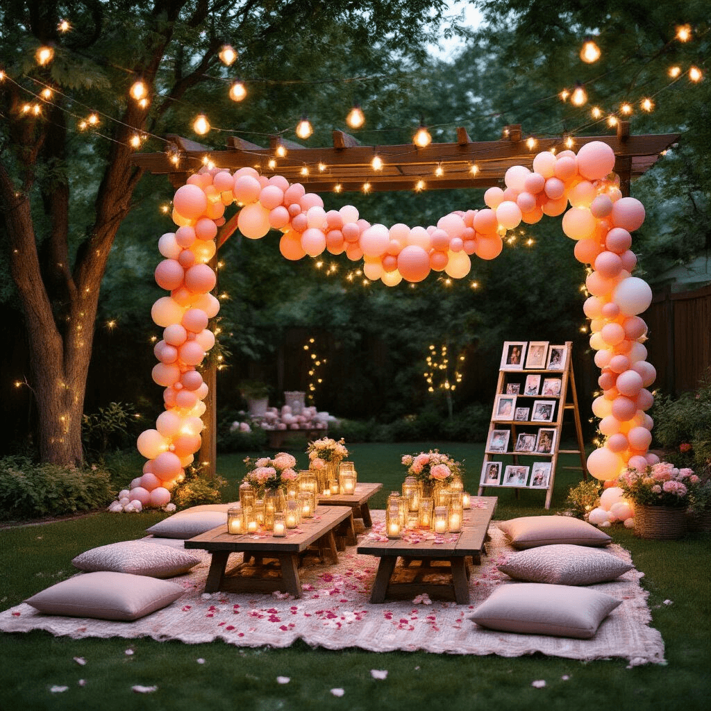 An intimate backyard graduation party at twilight with fairy lights overhead, a rustic pergola adorned with a balloon garland, picnic-style tables with cushions, and a vintage ladder displaying framed photos, creating a cozy and celebratory atmosphere.