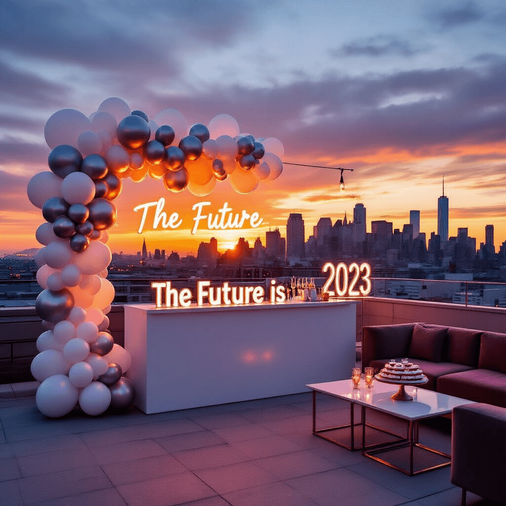 A modern rooftop terrace graduation celebration at sunset, featuring a city skyline backdrop, a sleek white bar with an ombré balloon installation, high cocktail tables with minimalist balloon centerpieces, a neon sign saying 'The Future is Bright', a lounge area with velvet sectionals, and a donut wall spelling '2023'.
