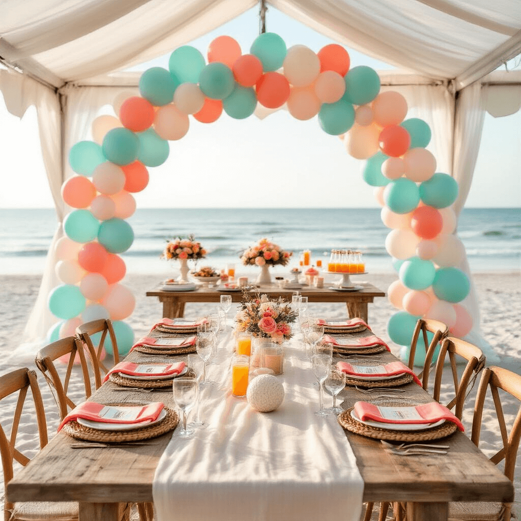 A beautifully arranged beachfront graduation brunch setup with a balloon arch, gauzy tent, farmhouse tables with coral accents, sand-filled centerpieces, a mimosa bar on driftwood, and beach balls acting as guest books, all bathed in soft morning light.