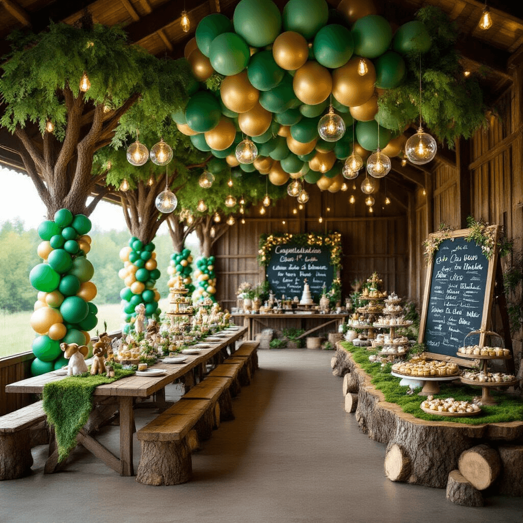 An enchanted forest-themed graduation party in a rustic barn, featuring towering balloon trees, twinkle lights, long wooden tables with moss runners, animated woodland creature figurines, a dessert table shaped like a fallen log, and a balloon-framed chalkboard with congratulatory messages, all set under a ceiling of green balloons and hanging glass terrariums, illuminated by soft, dappled lighting.