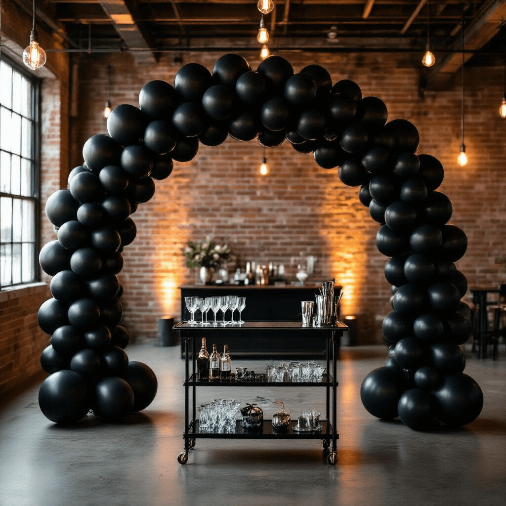 A stunning black balloon arch frames the entrance of an industrial loft, contrasting with exposed brick walls, while warm Edison bulb lighting enhances the urban sophistication of the scene. A sleek bar cart with crystal glasses and silver cocktail shakers is positioned in the foreground.
