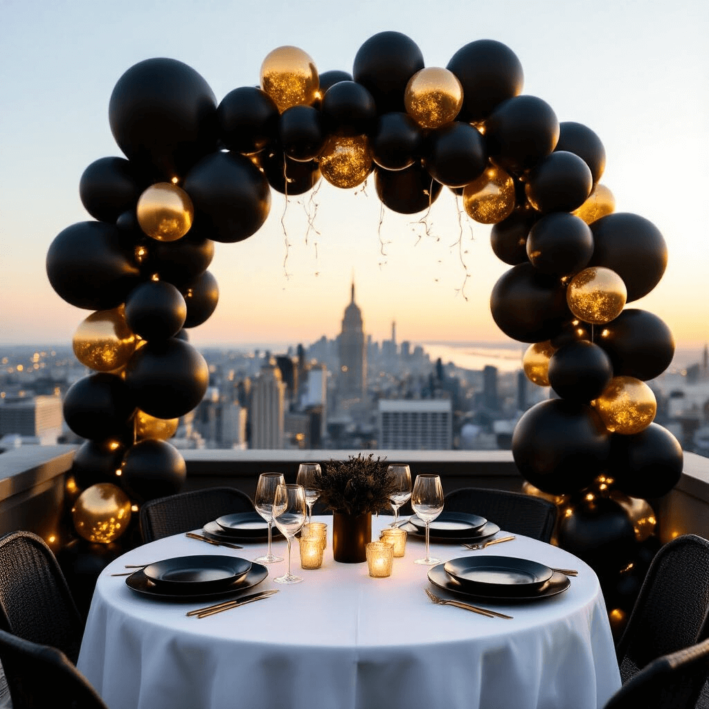 An intimate rooftop terrace at golden hour, featuring a table for two with white linens and matte black plates, surrounded by clusters of black balloons with gold confetti, illuminated by fairy lights against a city skyline backdrop.