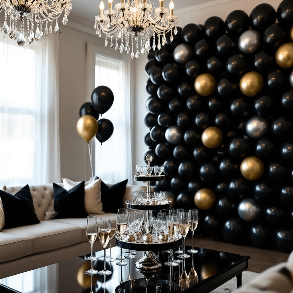 A chic living room adorned for New Year's Eve, featuring a striking black balloon wall with silver and gold accents, sparkling crystal chandeliers, and a champagne tower surrounded by elegant flutes.