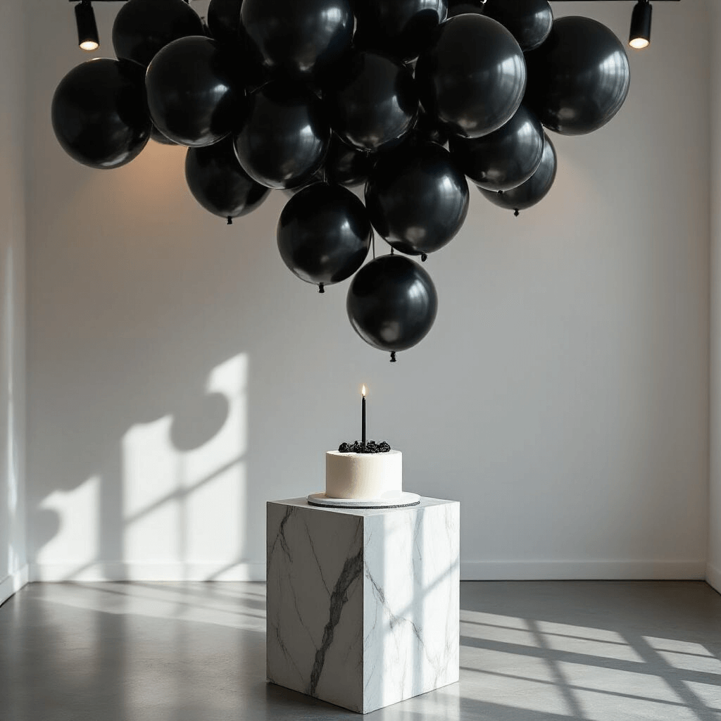 A modern art gallery venue featuring a sophisticated birthday celebration, with black balloons cascading from the ceiling, a minimalist white cake on a marble pedestal, and dramatic spotlighting enhancing the scene's textures and shadows.
