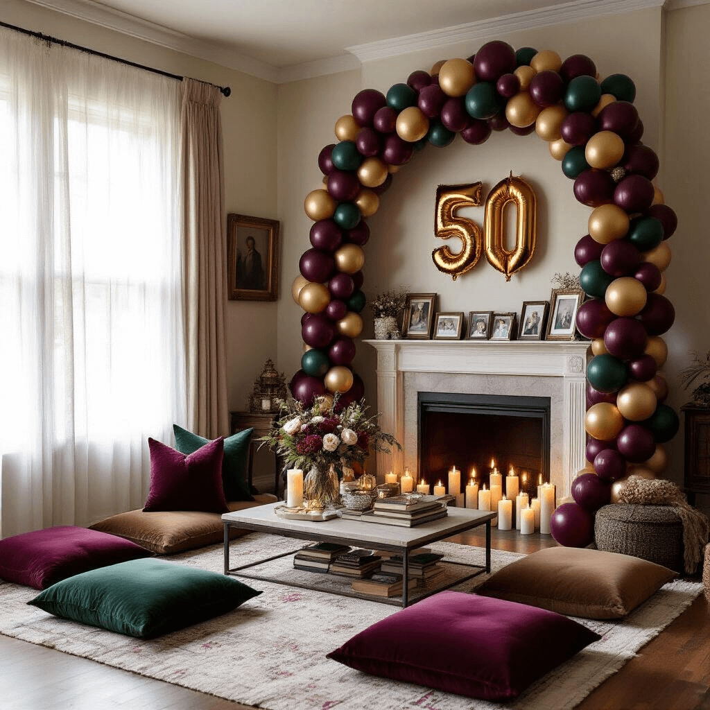 A cozy living room setup for a milestone celebration, featuring soft morning light, plush jewel-toned floor cushions, a balloon garland in burgundy, green, and gold around the fireplace, warm candles, vintage books, and framed photos highlighting the guest of honor's life, with a prominent '50' balloon sculpture.