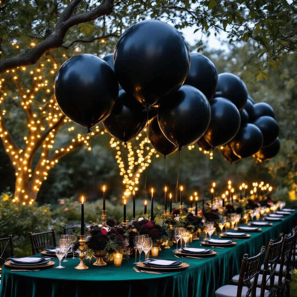 A lush twilight garden with oversized black balloons floating above emerald velvet tables, adorned with twinkling fairy lights in tree branches and dark floral centerpieces with black candles.