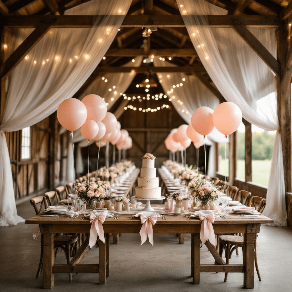 A rustic barn wedding reception at golden hour, featuring wooden beams draped in sheer white fabric, long farmhouse tables with blush pink and cream bow balloons, vintage china place settings illuminated by soft fairy lights, and a dessert table with a tiered naked cake surrounded by smaller bow balloons.