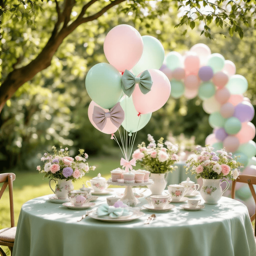 An enchanting baby shower set in a sunlit garden, featuring a round table draped in sage green linen with pastel bow balloons and vintage teacup floral arrangements. A nearby gift table showcases a mint and lavender balloon arch, all illuminated by soft morning light filtering through tree branches. A close-up highlights the table's intricate details.