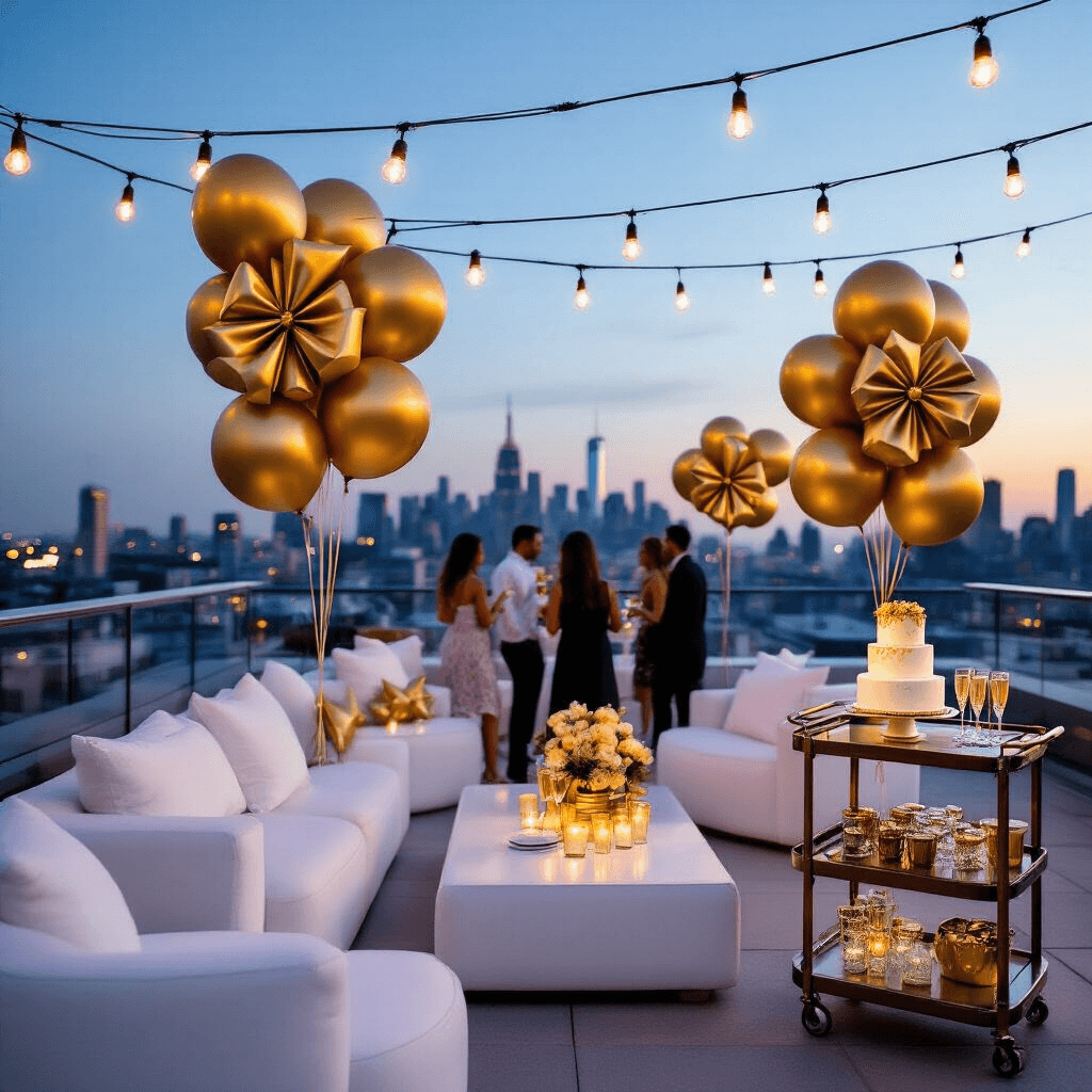 A chic rooftop birthday celebration at twilight featuring sleek white lounge furniture, vibrant metallic gold bow balloons, a modern bar cart with champagne flutes and a stylish cake, string lights overhead, and guests mingling against a city skyline, captured from a high angle.