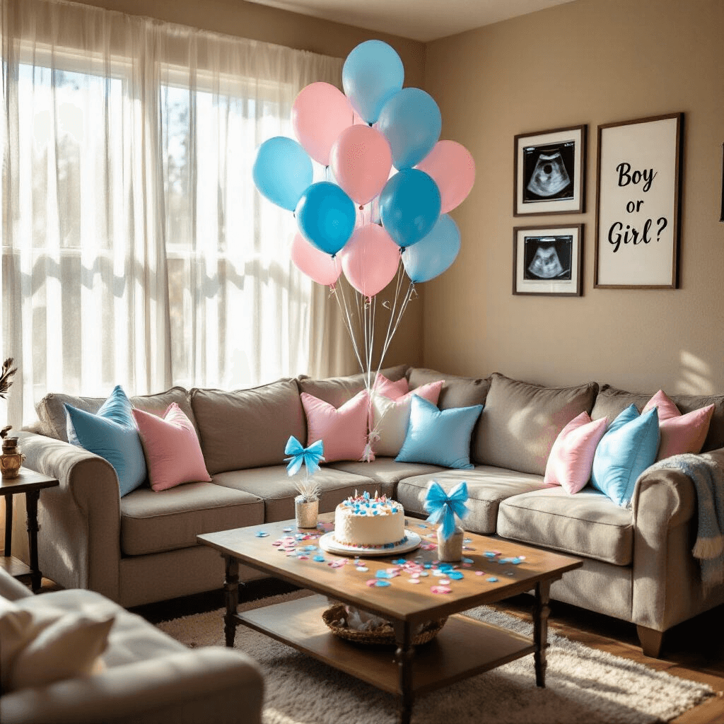 An intimate living room gender reveal party with blue and pink bow balloons, a cozy sectional sofa, a cake on a coffee table, and framed ultrasound photos, all illuminated by warm afternoon light.