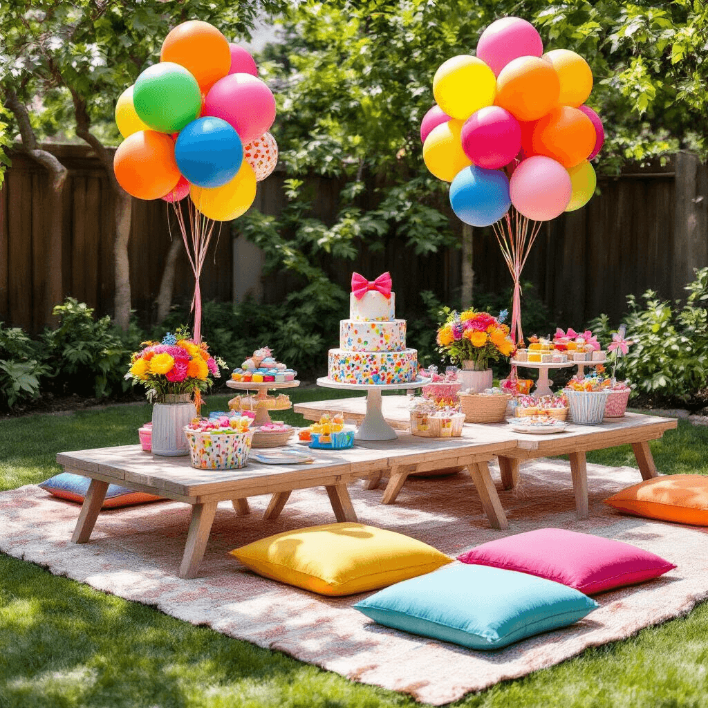 A vibrant kids' birthday party in a stylish backyard featuring picnic-style tables with colorful cushions, bold primary-colored bow balloons, a tiered funfetti cake at a dessert station, rainbow balloon bouquets, DIY party favors, and personalized signage, all captured in natural midday light.
