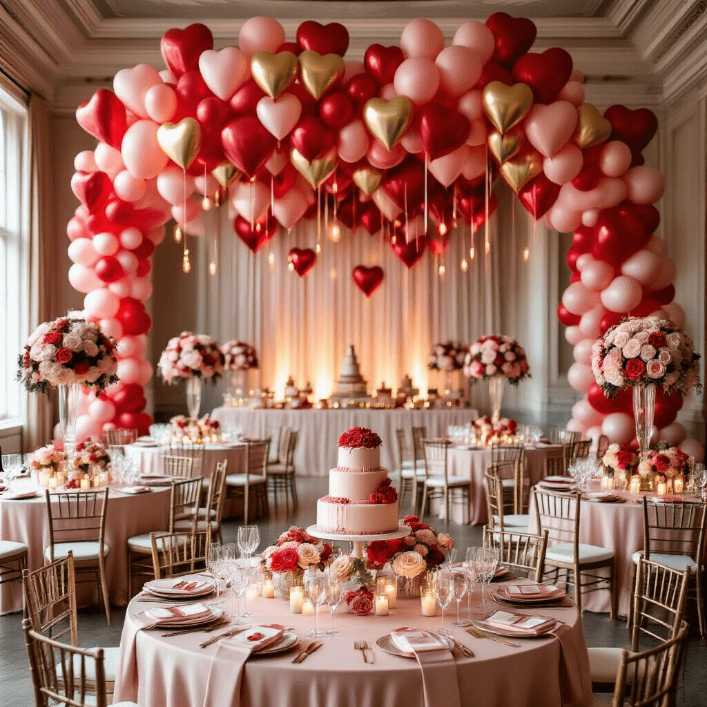 A wide shot of a luxurious Valentine's Day ballroom decorated with heart-shaped balloon installations, blush silk table linens, floral centerpieces, and a grand dessert table, all bathed in soft golden hour light.