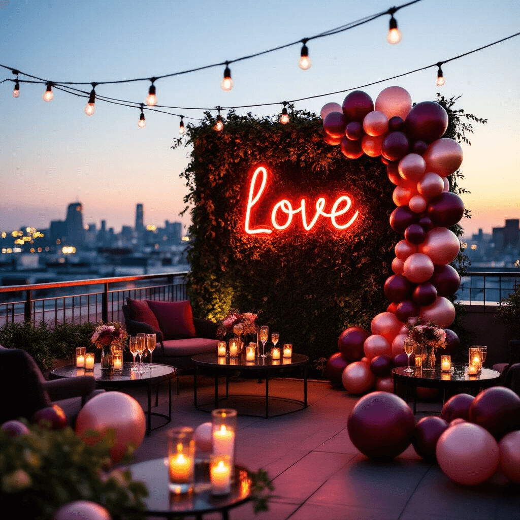 An intimate rooftop terrace at twilight adorned with fairy lights and a 'Love' neon sign, featuring a backdrop of burgundy, blush, and rose gold balloons. Low tables with candles and miniature bouquets enhance the ambiance, while a close-up captures a champagne toast against a blurred cityscape filled with balloons.