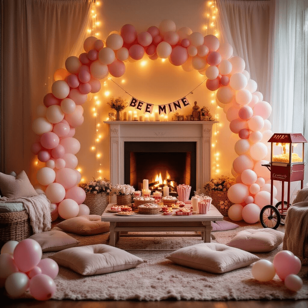 A cozy living room adorned for a romantic movie night with warm lighting, featuring a pastel balloon arch and 'Be Mine' banner above a fireplace, picnic-style setup on a coffee table with plush cushions, heart-shaped balloons, fairy lights, and a vintage popcorn machine.