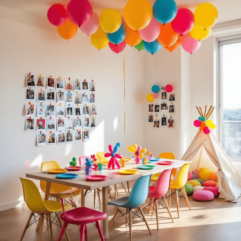 A lively children's party in a sunlit modern apartment, featuring colorful balloon decorations, a table set with bright plates and mini balloon animals, a playful teepee, and a photo wall with instant photos attached to balloons.