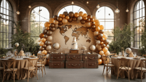 Photorealistic interior of a spacious party venue featuring warm golden hour lighting, an Adventure Explorer theme with a vintage world map backdrop, a muted earth-toned balloon arch, and Edison bulb string lights. The setup includes a vintage suitcase dessert table, tiered luggage-style cake, round tables with miniature hot air balloon centerpieces, and decorative brass telescopes and globes, all enhanced by natural greenery garlands and soft bokeh effects.