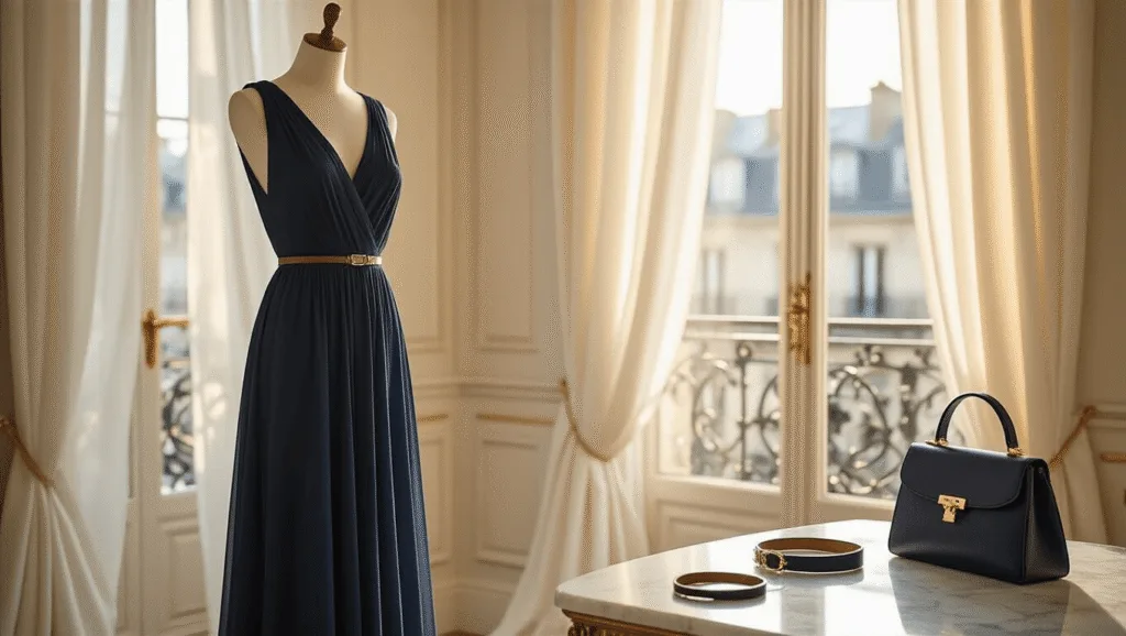 A bright Parisian apartment at golden hour featuring a navy A-line chiffon dress on a mannequin, sunlight streaming through large windows, a marble vanity with accessories, and a warm, dreamy atmosphere.
