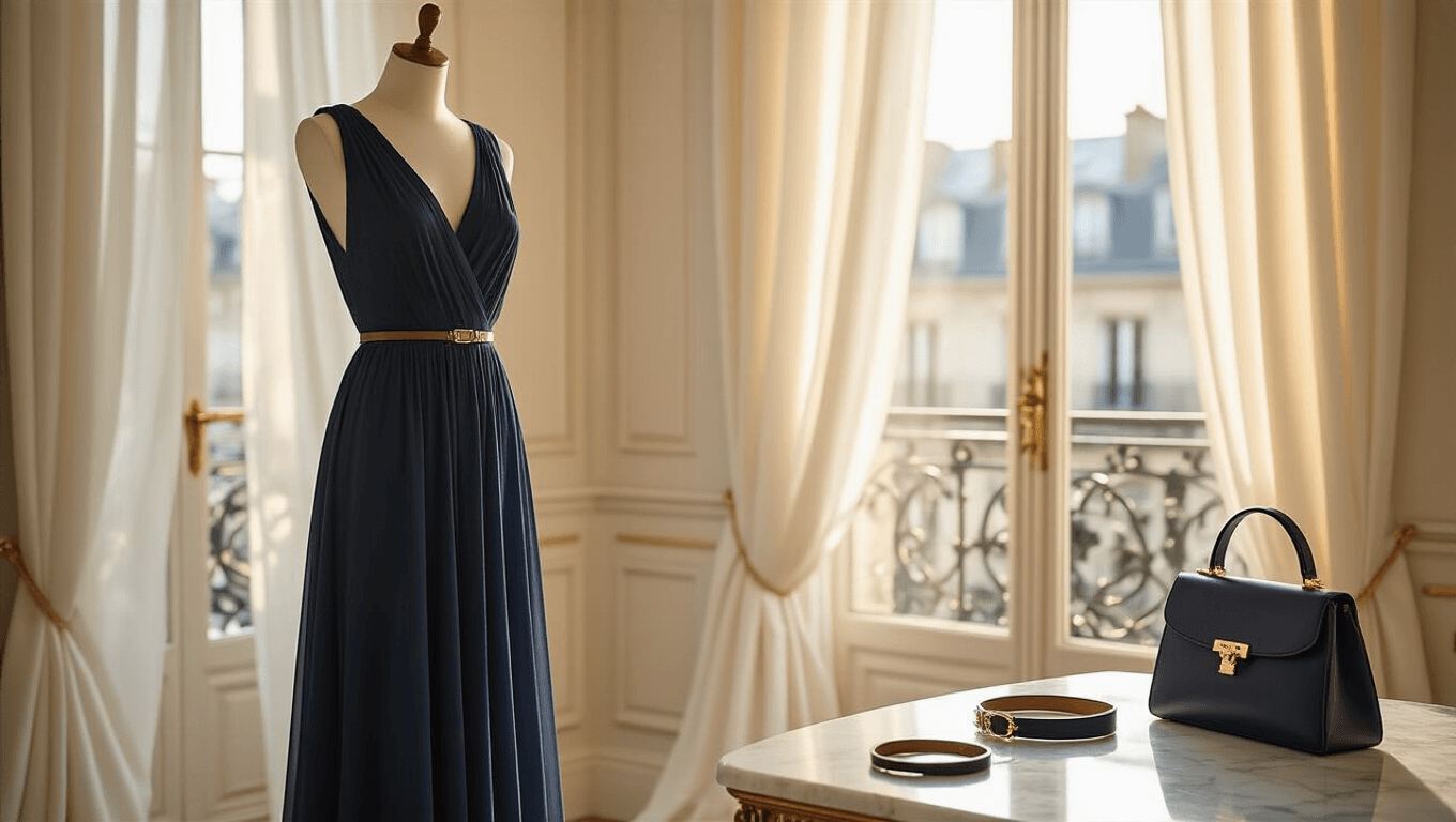 A bright Parisian apartment at golden hour featuring a navy A-line chiffon dress on a mannequin, sunlight streaming through large windows, a marble vanity with accessories, and a warm, dreamy atmosphere.