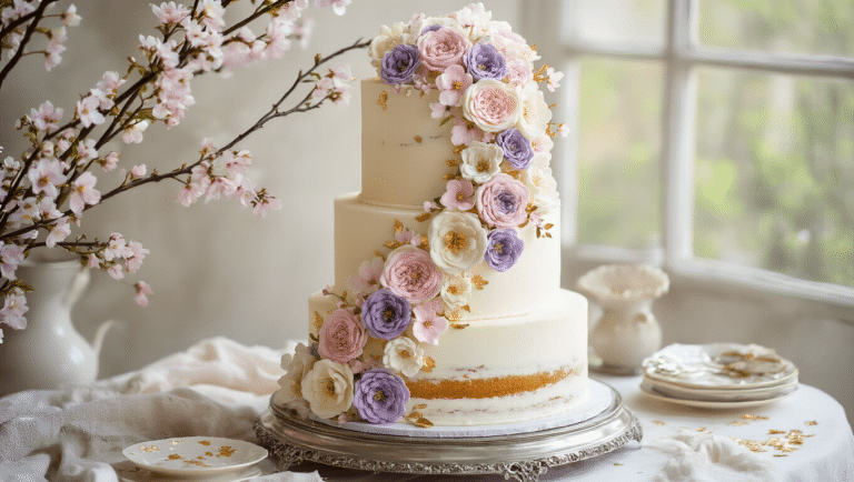 Photorealistic three-tiered wedding cake on antique silver stand, featuring delicate pastel buttercream flowers inspired by Van Gogh's almond blossoms, with edible gold leaf accents and a matte finish, displayed elegantly against a blurred warm ivory background.