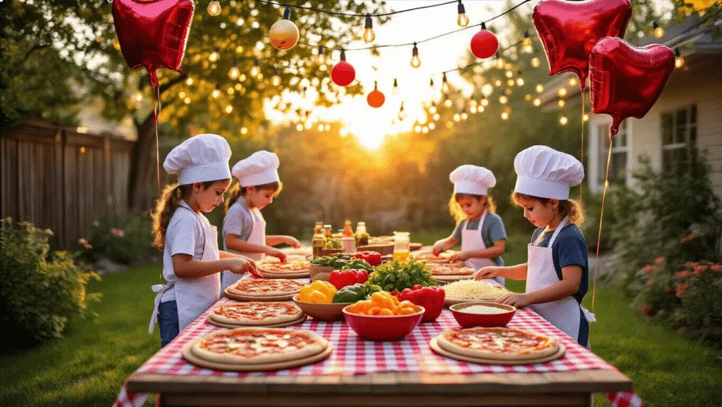 A vibrant backyard pizza party at golden hour, featuring a rustic wooden table with a checkered tablecloth, DIY pizza stations with fresh ingredients, children making pizzas in chef hats, warm fairy lights overhead, and pizza-shaped balloons, all bathed in a golden sunset glow.