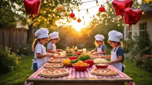 A vibrant backyard pizza party at golden hour, featuring a rustic wooden table with a checkered tablecloth, DIY pizza stations with fresh ingredients, children making pizzas in chef hats, warm fairy lights overhead, and pizza-shaped balloons, all bathed in a golden sunset glow.
