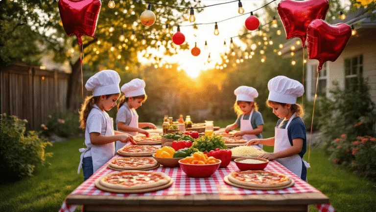 A vibrant backyard pizza party at golden hour, featuring a rustic wooden table with a checkered tablecloth, DIY pizza stations with fresh ingredients, children making pizzas in chef hats, warm fairy lights overhead, and pizza-shaped balloons, all bathed in a golden sunset glow.