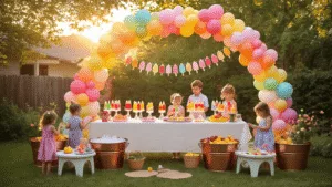 A magical backyard popsicle party at golden hour featuring a DIY popsicle bar with rainbow-colored treats, children decorating popsicles, adults enjoying frozen champagne treats, and a whimsical balloon arch, all illuminated by fairy lights.