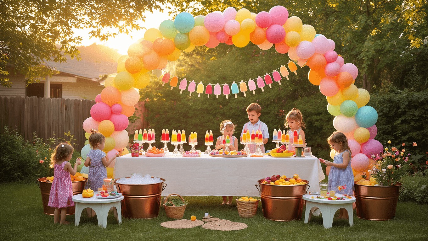 A magical backyard popsicle party at golden hour featuring a DIY popsicle bar with rainbow-colored treats, children decorating popsicles, adults enjoying frozen champagne treats, and a whimsical balloon arch, all illuminated by fairy lights.