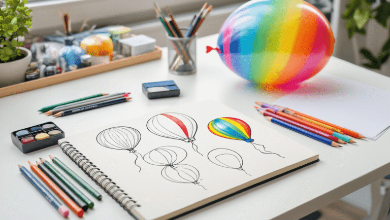 Photorealistic still life of an artist's workspace featuring a sketchbook with balloon drawing tutorials, colored markers, and pencils, illuminated by soft natural light, with a completed balloon illustration in the corner.
