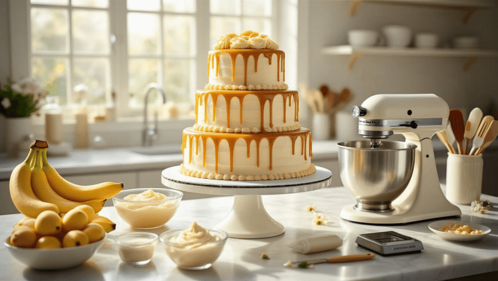 A photorealistic scene of a three-tiered banana wedding cake on a pearl-white stand, drizzled with golden caramel, surrounded by ripe bananas, glass bowls of measured ingredients, and cake decorating tools, all illuminated by soft morning light.