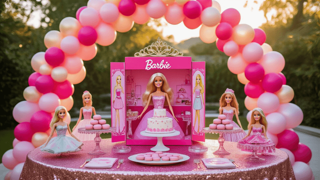 A whimsical Barbie-themed birthday party setup featuring a grand balloon arch, life-sized DIY Barbie box photo station, luxurious tablescape with vintage Barbie dolls, and fairy lights, all bathed in golden hour sunlight.