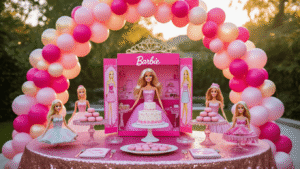 A whimsical Barbie-themed birthday party setup featuring a grand balloon arch, life-sized DIY Barbie box photo station, luxurious tablescape with vintage Barbie dolls, and fairy lights, all bathed in golden hour sunlight.