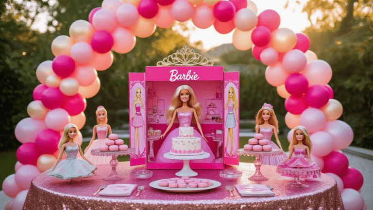 A whimsical Barbie-themed birthday party setup featuring a grand balloon arch, life-sized DIY Barbie box photo station, luxurious tablescape with vintage Barbie dolls, and fairy lights, all bathed in golden hour sunlight.