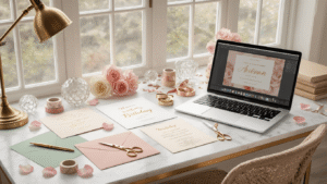 A stylish desk workspace set up for invitation making, featuring blush pink, sage green, and cream cardstock, gold calligraphy pens, washi tape, and crystal scissors. A MacBook displays Canva software with an elegant invitation template, surrounded by rose petals, metallic confetti, and silk ribbons. Warm light from a vintage brass desk lamp illuminates finished invitations in clear acrylic holders, with a modern minimalist chair in the background. Soft, diffused lighting and a muted pastel color palette enhance the inviting atmosphere.