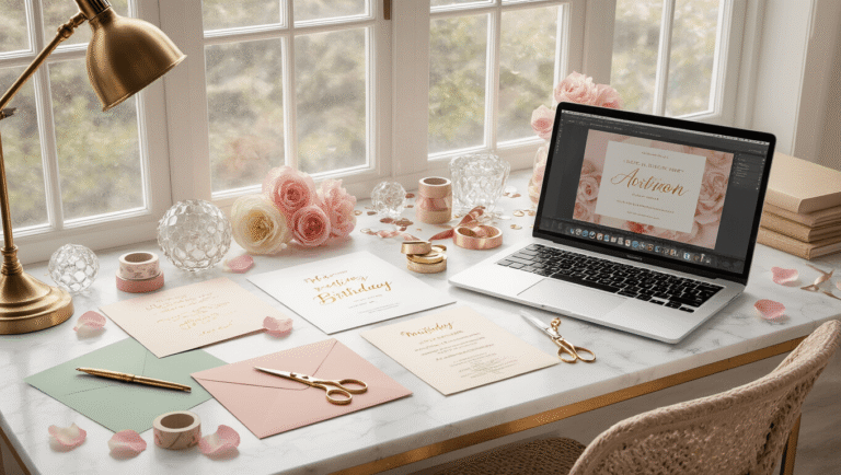 A stylish desk workspace set up for invitation making, featuring blush pink, sage green, and cream cardstock, gold calligraphy pens, washi tape, and crystal scissors. A MacBook displays Canva software with an elegant invitation template, surrounded by rose petals, metallic confetti, and silk ribbons. Warm light from a vintage brass desk lamp illuminates finished invitations in clear acrylic holders, with a modern minimalist chair in the background. Soft, diffused lighting and a muted pastel color palette enhance the inviting atmosphere.