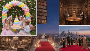 A cinematic collage of four unique birthday party scenes: a whimsical unicorn garden party, a vintage library escape room, an elegant rooftop Hollywood party, and a vibrant superhero party, all photographed in 8K ultra HD with dramatic lighting and intricate details.