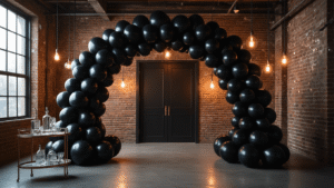 Hyperrealistic wide shot of an industrial loft entrance with a luxurious black balloon installation, featuring exposed brick walls and warm Edison lighting, showcasing varying sizes of black balloons in an organic arch, alongside silver metallic and transparent confetti-filled balloons, with a vintage bar cart in the foreground.