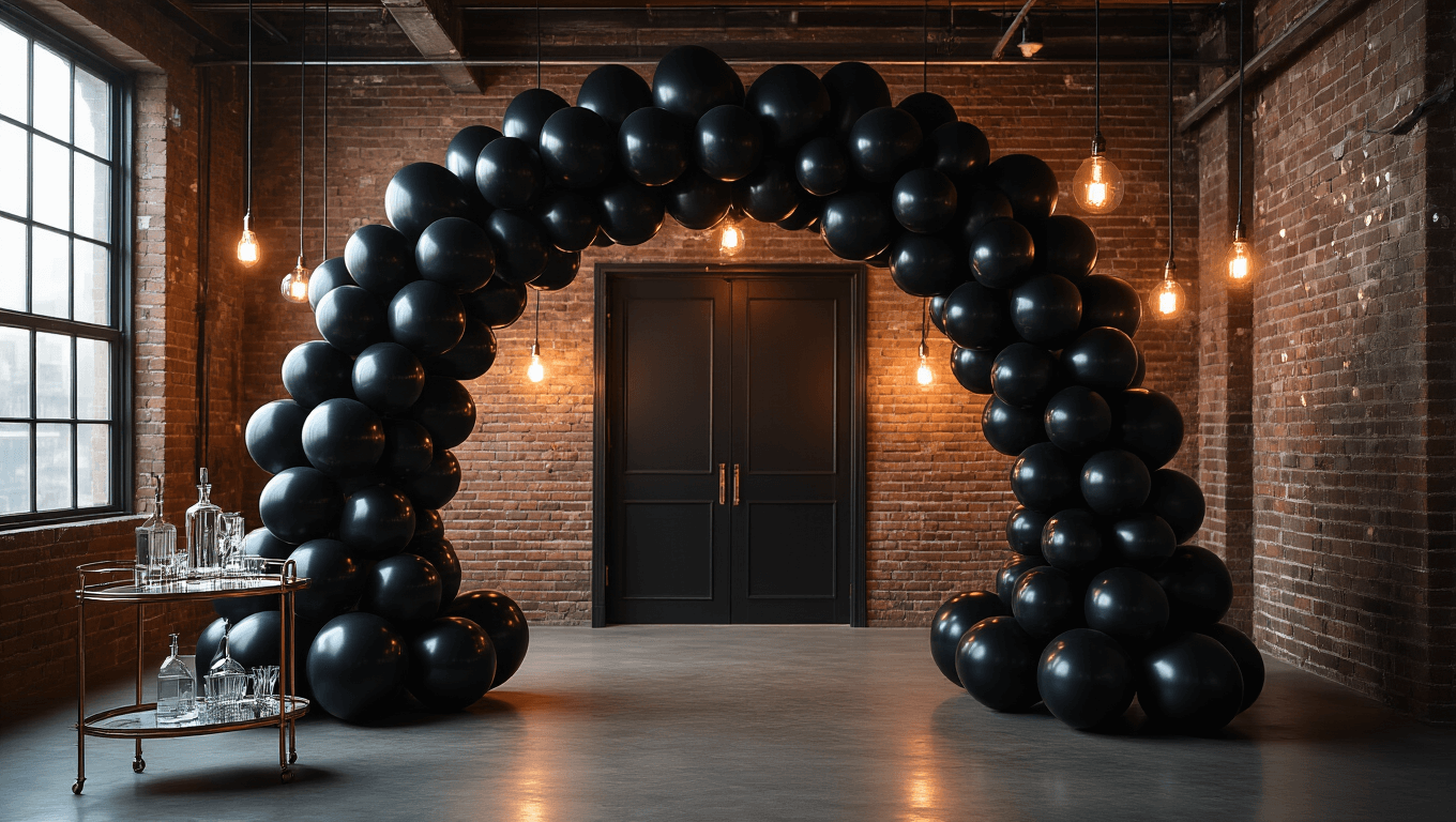 Hyperrealistic wide shot of an industrial loft entrance with a luxurious black balloon installation, featuring exposed brick walls and warm Edison lighting, showcasing varying sizes of black balloons in an organic arch, alongside silver metallic and transparent confetti-filled balloons, with a vintage bar cart in the foreground.