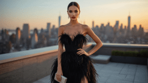 A glamorous model in a black midi dress with ostrich feather trim poses on a rooftop terrace at golden hour, with the Manhattan skyline in the background, showcasing a high-end fashion look with sleek hair, red lips, and silver accessories.