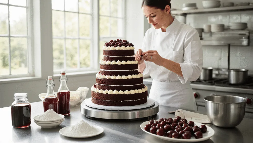 A professional kitchen scene with a three-tiered Black Forest wedding cake being assembled, featuring dark chocolate sponge layers, morello cherries, and whipped cream. A pastry chef pipes rosettes with mascarpone cream, surrounded by baking tools and ingredients. The setting is illuminated by natural light, showcasing a rich color palette and high-end food photography aesthetics.
