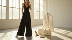 A fashion influencer in a black wide-leg jumpsuit adjusts gold earrings in a sunlit minimalist loft, featuring designer accessories like a white blazer and metallic stilettos, with warm natural light and bokeh effects.