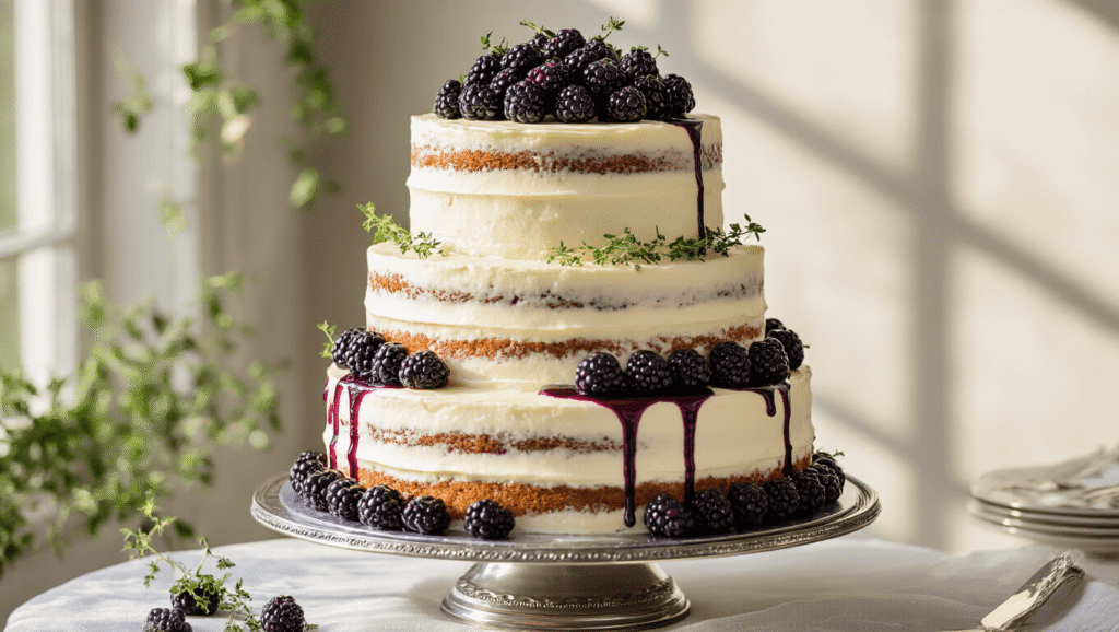 A three-tiered wedding cake with ivory cream cheese frosting and blackberry compote, adorned with fresh blackberries and thyme, showcased on an antique silver stand in soft golden light.