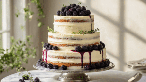 A three-tiered wedding cake with ivory cream cheese frosting and blackberry compote, adorned with fresh blackberries and thyme, showcased on an antique silver stand in soft golden light.