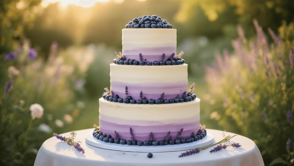 Photorealistic three-tiered wedding cake in mauve buttercream, adorned with blueberries and lavender, displayed in a dreamy garden during golden hour, on a silver stand with bokeh string lights.