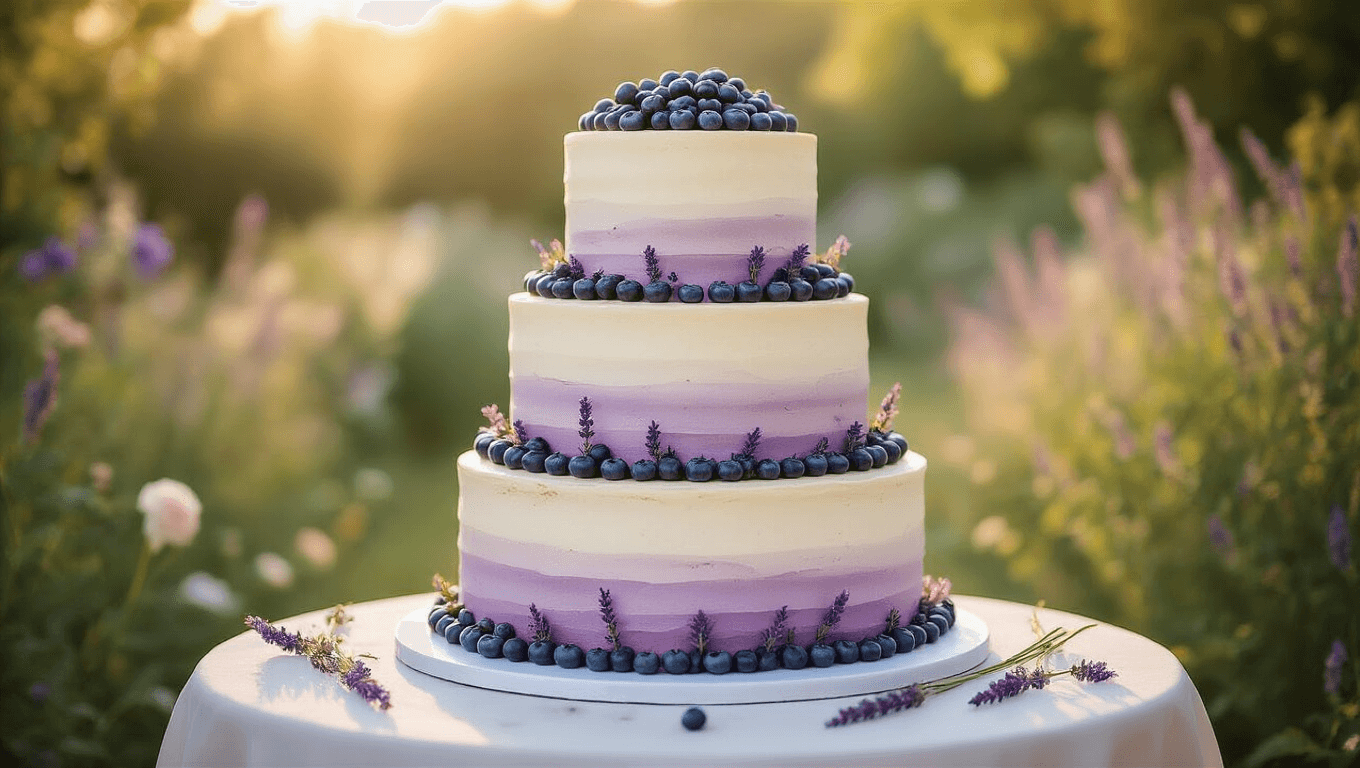 Photorealistic three-tiered wedding cake in mauve buttercream, adorned with blueberries and lavender, displayed in a dreamy garden during golden hour, on a silver stand with bokeh string lights.