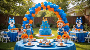 Ultimate Bluey Birthday Party Guide: Creating Magical Memories for Kids A vibrant Bluey-themed backyard birthday party scene with a balloon arch, a three-tiered Bluey cake, colorful cupcakes, and children playing beneath fairy lights, all set in a sun-drenched atmosphere.