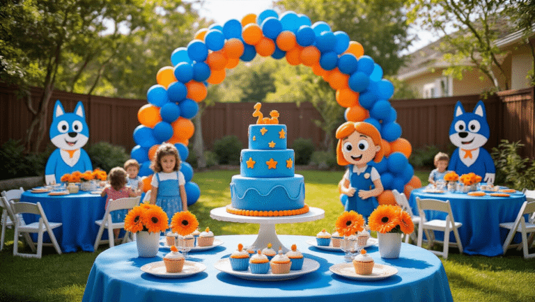 A vibrant Bluey-themed backyard birthday party scene with a balloon arch, a three-tiered Bluey cake, colorful cupcakes, and children playing beneath fairy lights, all set in a sun-drenched atmosphere.