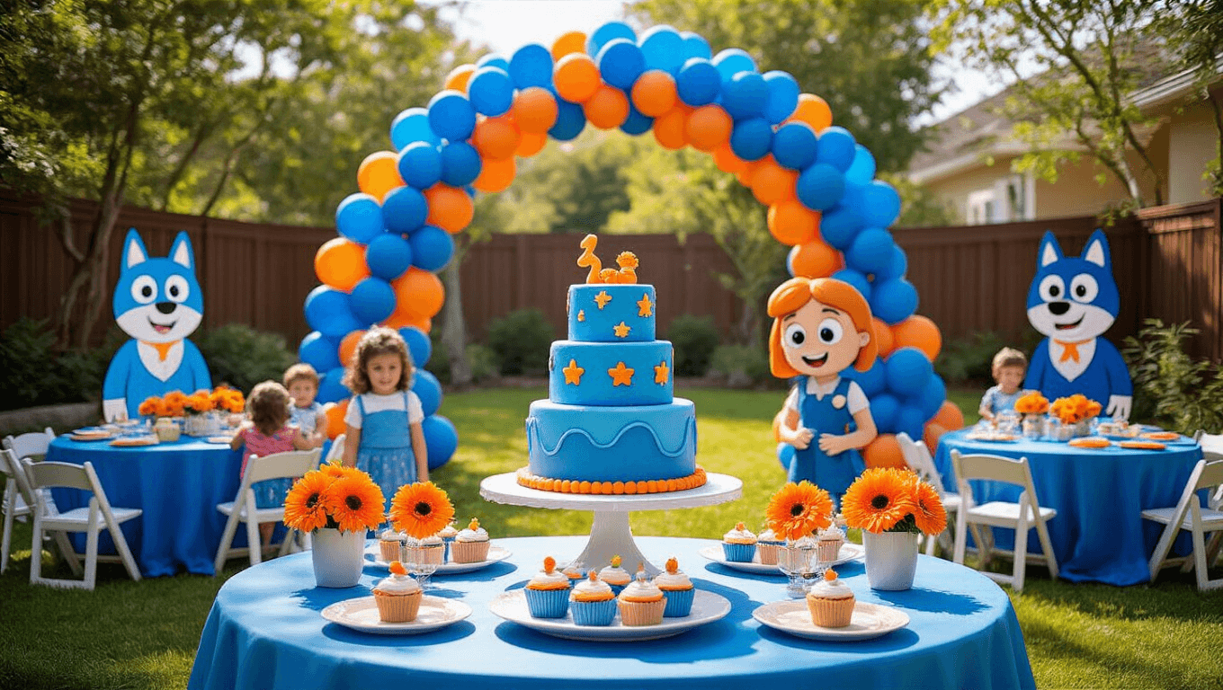A vibrant Bluey-themed backyard birthday party scene with a balloon arch, a three-tiered Bluey cake, colorful cupcakes, and children playing beneath fairy lights, all set in a sun-drenched atmosphere.