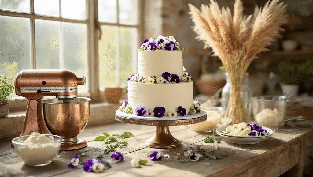 Ultra-detailed shot of a three-tiered wedding cake on a rustic wooden table, surrounded by edible flowers, dried pampas grass, and ingredients, with a soft, dreamy atmosphere and muted earth tones.