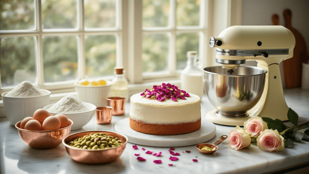 Elegant kitchen scene featuring a wedding cake preparation with cardamom and rose ingredients, including crystalline sugar, farm-fresh eggs, and dried rose petals, captured in soft natural sunlight on a marble countertop with pastel tones and high-end styling.